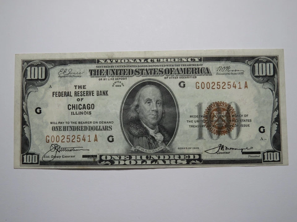 $100 1929 Chicago Illinois IL National Currency Note Federal Reserve Bank XF!! - Image 1 of 3
