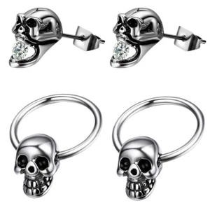 2 Pairs Punk Gothic Skull Stainless Steel Hoop Huggie Stud Earrings Halloween - Picture 1 of 6