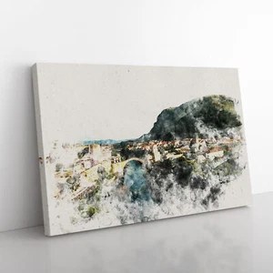 Skyline von Mostar Aquarell Leinwand Wandkunst gerahmt Poster Druck Bild - Bild 1 von 6