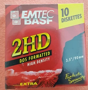 EMTEC (BASF) Floppy 2HD 10 High Density 3.5"/90mm Diskettes DOS Formatted. New. - Afbeelding 1 van 4