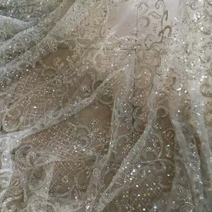 5 YARDS / Juliette METALLIC silberbeige Perlen Paillettenstickerei Spitzenstoff - Bild 1 von 6