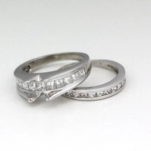 14K White Gold Empty Mounting & .88 cttw Diamond Accent Wedding Set - Size 7.5 - Picture 1 of 11