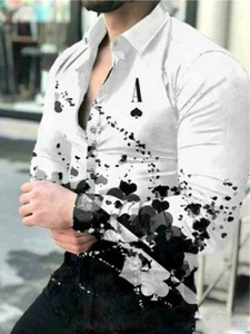 Button Down Shirts Men Graphic Black Off White Ace of Spades Long Sleeve Fashion - Picture 1 of 1