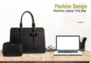 Black Laptop Tote Briefcase Bag Set for Women - 15.5" Waterproof PU Leather  - Picture 1 of 9