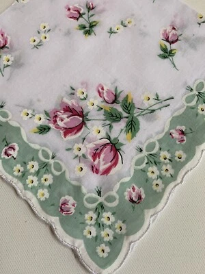 Wonderful NEW Handkerchief ~  Signature Green Border Pink Roses ~ LuRay Hankie! - Image 1 of 4
