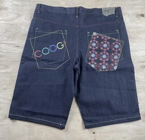 Coogi Denim Jean Shorts Mens 42 Black Embroidered Long Baggy Hip Hop Y2K VTG - Picture 1 of 10