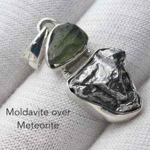 Czech Moldavite & Big Meteorite Rough 925 Sterling Silver Handmade Pendant - Picture 1 of 4