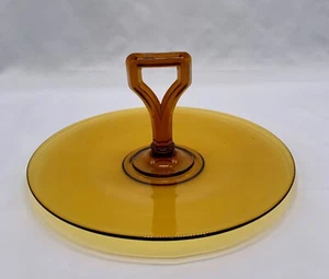 Vintage Amber Glass Serving Plate, sandwich or cake tray with center handle - Picture 1 of 6