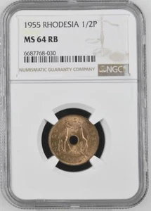 Rhodesia 1/2 Penny 1955 NGC MS 64 RB - Picture 1 of 2