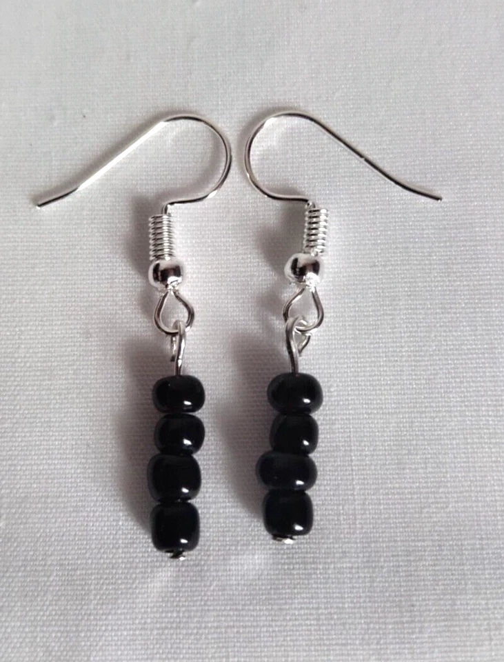 Black Glass Bead Drop Stick Earrings Silver Tone Hook Handmade Boho Chic Casual  - Image 1 of 1