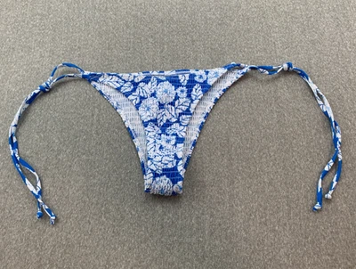 Smocked String Bikini Swimsuit Bottom Womens size M Blue White Floral Fun Sexy - Image 1 of 4