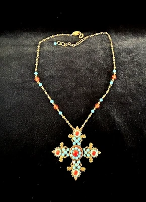 LIZ PALACIOS SF Signed Brass Orange Aqua MALTESE CROSS Pendant Necklace 18" L - Image 1 of 4
