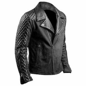 Men's Biker Cafe Racer Quilted Vintage Black Real Genuine Leather Jacket - Picture 1 of 4