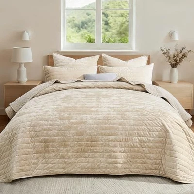  Juego de cama edredón terciopelo tamaño king, 106"x98" tamaño king/cal king beige Foto 1 de 4