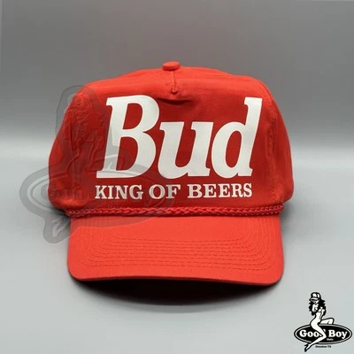 Sombrero BUD King of Beers Vintage Retro Budweiser Rojo Camionero Cuerda Gorra Años 90 Cerveza Foto 1 de 4