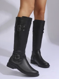 Damas Botas de media pantorrilla Informales Hebilla Punta Redonda Cuero PU Montar Botas hasta la Rodilla - Imagen 1 de 3