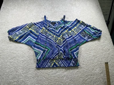 IZ Byer Blouse Womens Small Blue Green Boho Batwing Top Paisley Geometric Print - Image 1 of 4