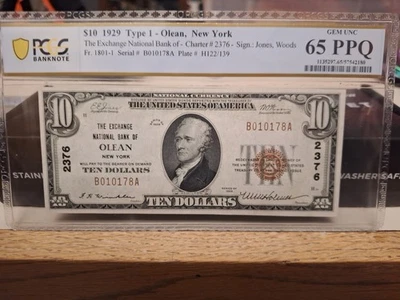 NO RESERVE !! 1929 $10 National Bank OLEAN NY - PCGS GEM 65 PPQ - Fr 1801-1 - Image 1 of 2