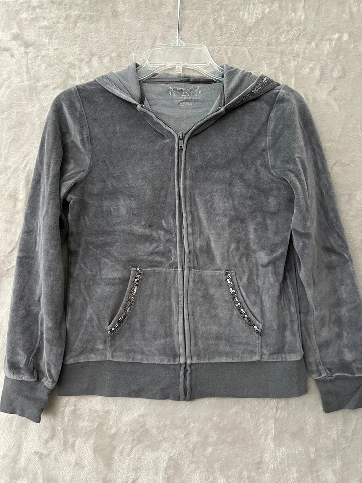 Толстовка с капюшоном молодежная большая серая велюровая на молнии с блестками отделка карманы с длинным рукавом - Изображение 1 из 4