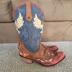Vintage Caborca Western Boots Womens 10 Brown Blue Leather Eagle Cowboy Cowgirl - Picture 1 of 11