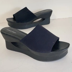 Calvin Klein Damen-Sandalen schwarz Stoff Top Slipper Slide Keilabsatz Größe 8 - Bild 1 von 15