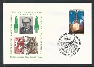 Cubierta conmemorativa de correo de cohete Austria 1984 - sellos Schmiedl, XXV COSPAR, GRAZ - Imagen 1 de 1