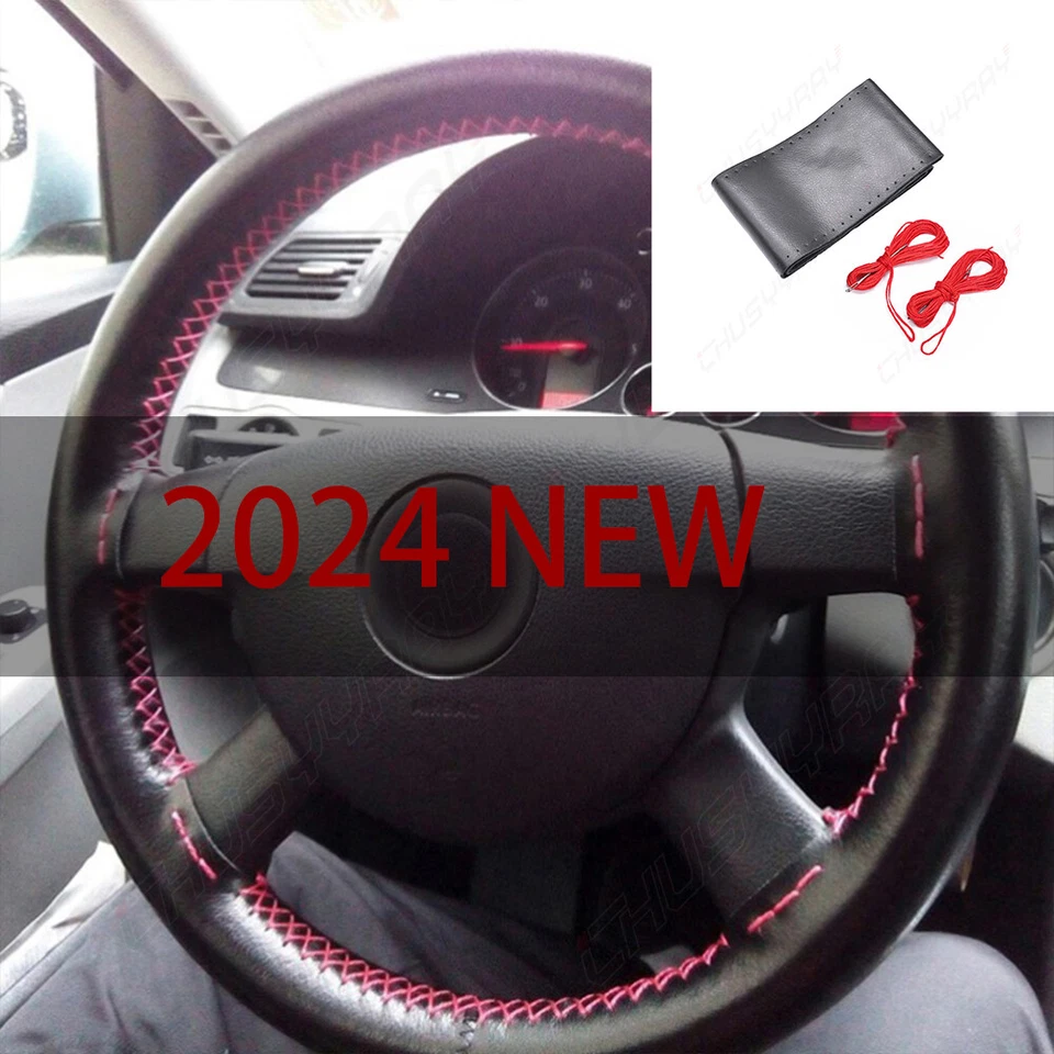 15" Black & Red DIY Steering wheel Cover Genuine Leather Fit Chevrolet Optra - Image 1 of 4