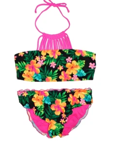NWT GIRLS size 14 BLACK TROPICAL WATERCOLOR FLORAL WEAVED BIKINI - Picture 1 of 6