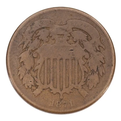 1871 Two Cent Piece in Good Condition, Brown Color, Full 4 Digit Date - Image 1 of 4