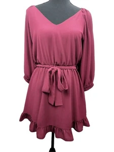 VICI Tyche V Neck Mini Dress Size Small Burgundy Long Sleeve Elasticized Cuffs - Picture 1 of 11