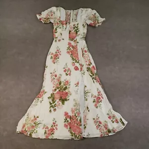 REFORMATION Midi Dress Women Size 2 Beige Pink Floral Print Smocked Front Slit Z - Picture 1 of 22