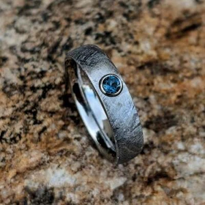 Gibeon Meteorite Wedding Band with London Blue Topaz - 5mm Authentic Genuine - Picture 1 of 5