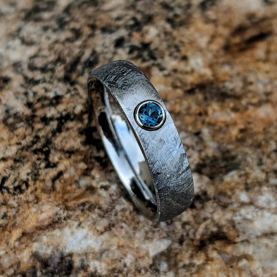 Gibeon Meteorite Wedding Band with London Blue Topaz - 5mm Authentic Genuine - Image 1 of 4