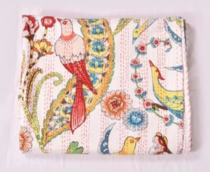 Hand Block Floral Print Cotton Bedspread Kantha Quilt Indian Blanket Bedding New - Picture 1 of 4