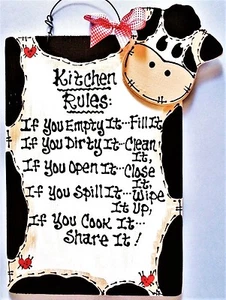COW KITCHEN RULES SIGN Wall Art Hanger Plaque Country Wood Crafts Barnyard Decor - Picture 1 of 1