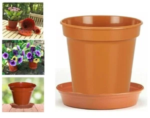 3" - 15" Plant Pots & Saucer Plastic Planter Flower Pot Saucer Tray Terracotta - Picture 1 of 17