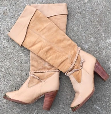 复古高跟西部靴牛仔 70 年代 80 年代皮革麂皮绒 5 1/2 B — 第 1/4 张图片