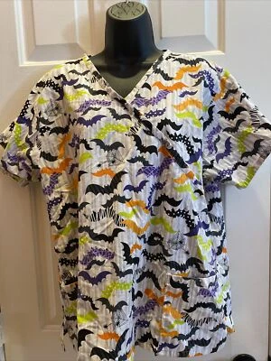 Bonita Scrubs Mock Wrap Scrub Top Halloween/ Bat Theme Women’s L Pockets PG-13 - Image 1 of 4