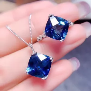 New 2pc Set Square 10mm London Blue Topaz Gemstone Women Silver Necklace Ring - Picture 1 of 6