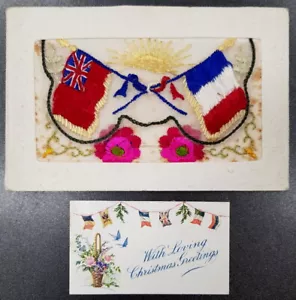 WW1 1917 French Silk Postcard • With insert card • British & Australian Flags - Picture 1 of 2