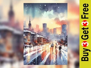 Stampa ad acquerello paesaggio urbano invernale - decorazione artistica urbana atmosferica 5"" x 7 - Foto 1 di 5