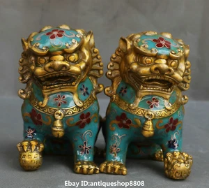 China Cloisonne Enamel Bronze Fengshui Foo Fu Dog Guardion Door Lion Pair Bixie - Picture 1 of 12