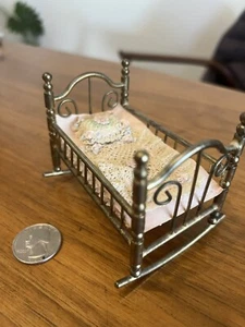 Dollhouse Miniature Brass Cradle With Doily Lace Mattress Vintage 1:12 - Picture 1 of 4