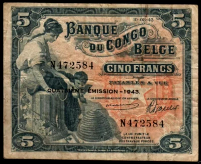 Belgian Congo 5 FRANCS P-13A b 1943 x 1 Pcs ( Belgium Zaire ) Congolese BANKNOTE - Image 1 of 4