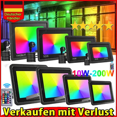 LED STRAHLER RGB MIT FERNBEDIENUNG STECKER FLUTER SCHEINWERFER GÄRTEN 10-100Watt - Bild 1 von 4