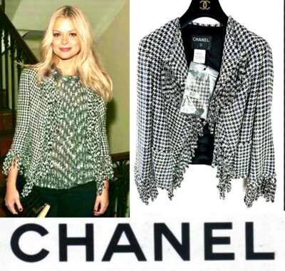 Jaqueta de tweed Chanel Vintage 2007 branca preta Houndstooth 34 36 2 4 casaco franja P - Imagem 1 de 4