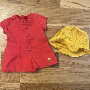 American Girl of Today Pleasant Co 1996 RED CULOTTE DRESS Romper Yellow Hat - Picture 1 of 5