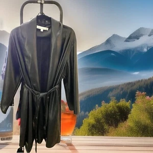 KENNETH COLE Women’s NWT Faux Leather Belted Black Trench Coat 3/4 Length Sz L - Picture 1 of 5