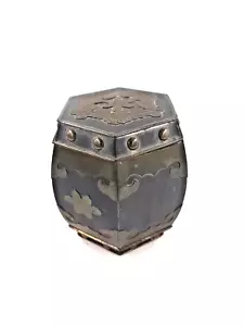 Chinese Tea Caddy Tobacco Tin Pewter with Floral Brass Decor Vintage Solid Excellent - Picture 1 of 7