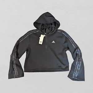 NEW Adidas 1/4 Zip Crop Hoodie Women Medium Fleece 3 Stripes Loose Black Camo - Picture 1 of 16